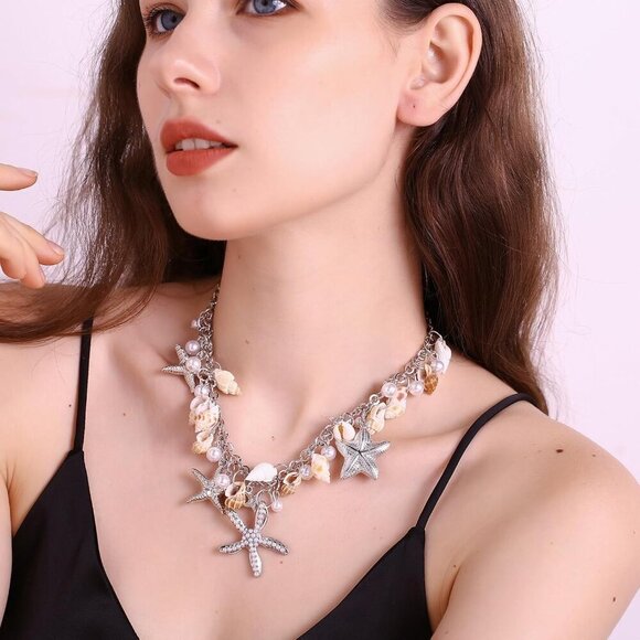 Seashell Jewelry Set Beach Necklace Bracelet Conch Starfish Faux Pearl Women - Picture 2 of 5
